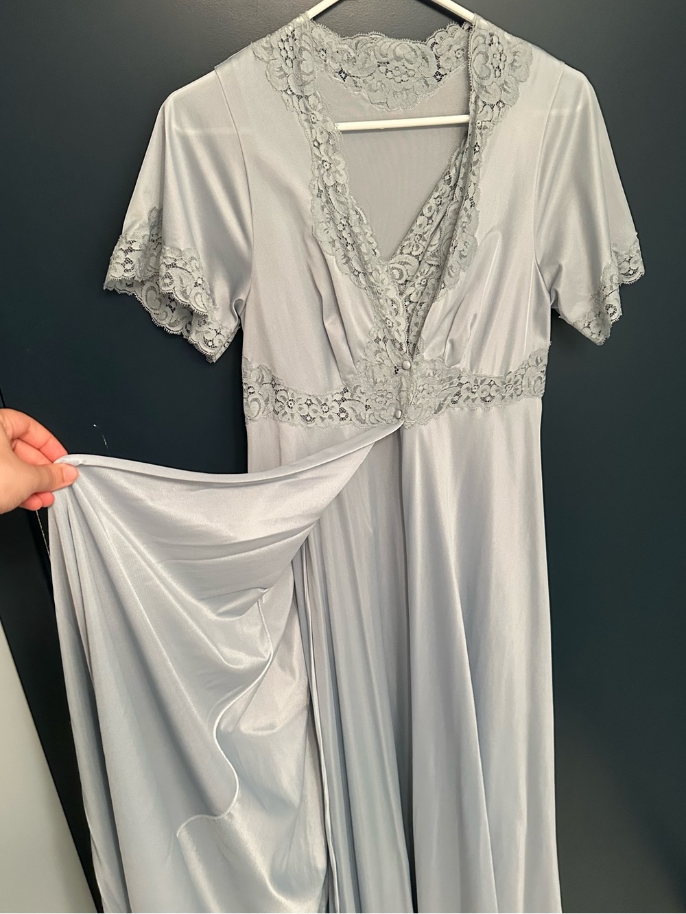 Vintage 2-Piece Silver-Blue Lace-Trimmed Satin Lingerie Nightgown Set